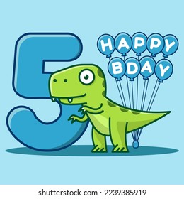 Happy 5th Birthday. Cute invitation card with dinosaur and balloons.