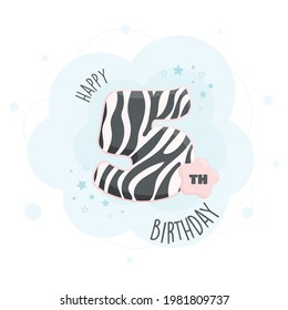 Happy 5th birthday greeting card with cute animal skin pattern design. 