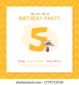 Happy 5th Birthday Invitation Card Template, Birthday Anniversary Number with Cute Mouse, Superhero Animal Cartoon Vector Illustration