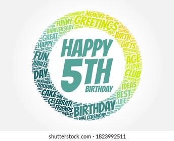 Happy 5th birthday word cloud, holiday concept background