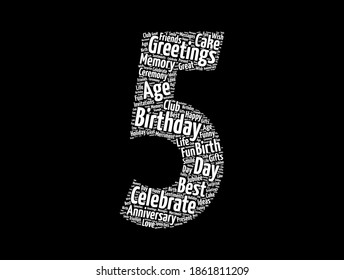 Happy 5th birthday word cloud, holiday concept background