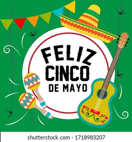 Happy 5th May card design, with maracas. Mexican hat and flag like decorative elements. Feliz Cinco De Mayo.