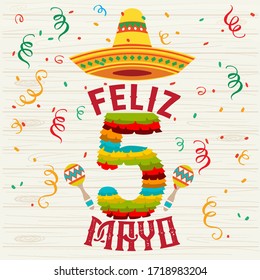 Happy 5th May With Mexican Hat And Maracas For Independence Day.  Feliz Cinco De Mayo. Vector Illustrator