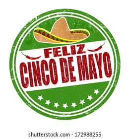 Happy 5th May in spanish language (Feliz Cinco de Mayo) grunge rubber stamp white  vector illustration
