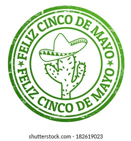 Happy 5th of May in spanish language (Feliz Cinco de Mayo) grunge rubber stamp on white, vector illustration