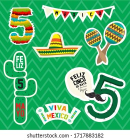 happy 5th may stickers in green zigzags background