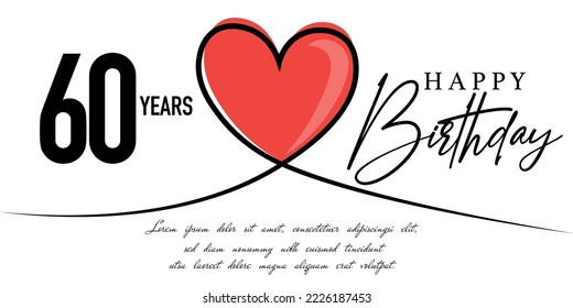 Happy 60th birthday card vector template with lovely heart shape.
