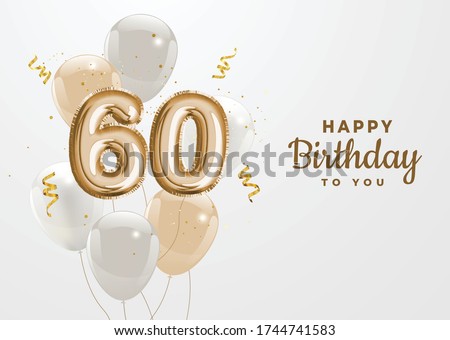 Happy 60th birthday gold foil balloon greeting background. 60 years anniversary logo template- 60th celebrating with confetti. Vector stock.