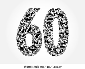 Happy 60th birthday word cloud, holiday concept background