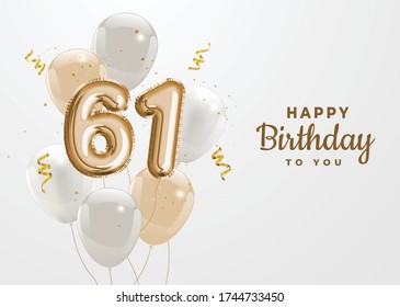 Happy 61th birthday gold foil balloon greeting background. 61 years anniversary logo template- 61th celebrating with confetti. Vector stock.