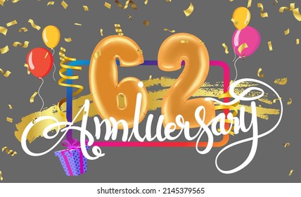 Happy 62 Anniversary Typography Vector Design 
anniversary celebration Number  and  balloons