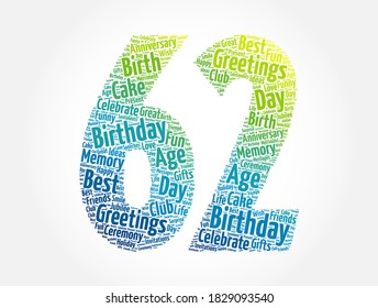 Happy 62nd birthday word cloud, holiday concept background