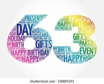 Happy 63rd birthday word cloud collage concept