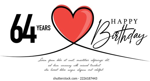 Happy 64th birthday card vector template with lovely heart shape.
