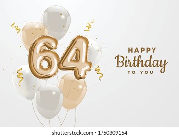 Happy 64th birthday gold foil balloon greeting background. 64 years anniversary logo template- 64th celebrating with confetti. Vector stock.