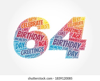 Happy 64th birthday word cloud, holiday concept background