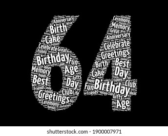 Happy 64th birthday word cloud, holiday concept background