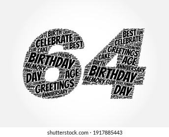 Happy 64th birthday word cloud, holiday concept background