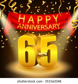 Happy 65th Anniversary celebration with golden confetti and spotlight