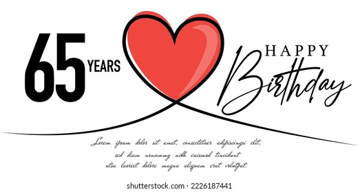 Happy 65th  birthday card vector template with lovely heart shape.
