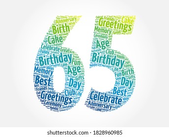 Happy 65th birthday word cloud, holiday concept background