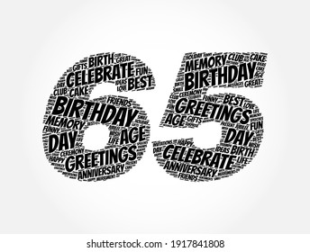Happy 65th birthday word cloud, holiday concept background