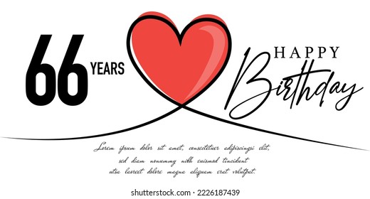 Happy 66th  birthday card vector template with lovely heart shape.
