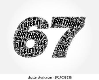 Happy 67th birthday word cloud, holiday concept background