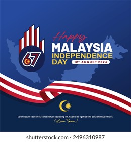 Happy 67th Malaysia Independence Day 2024 greeting card, poster, banner, background, social feed. Design with 67 logo, malaysia map,flag and quotes. Malaysia Hari Merdeka 67 vector illustration