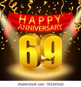 Happy 69th Anniversary celebration with golden confetti and spotlight