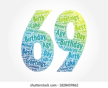 Happy 69th birthday word cloud, holiday concept background