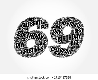 Feliz 69º cumpleaños palabra nube, fondo de concepto de vacaciones