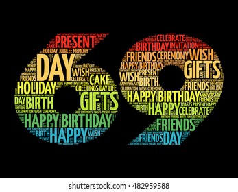 Happy 69th birthday word cloud collage concept