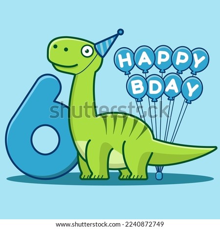 Happy 6th Birthday. Cute invitation card with brontosaurus, balloons and numbering. Flat vector illustration.