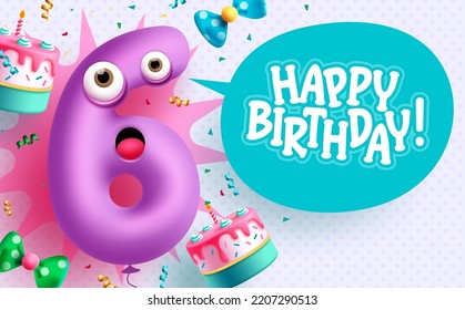 Happy 6th birthday vector design. Birthday text in speech bubble space with purple cartoon balloon party elements in pattern background. Vector Illustration.