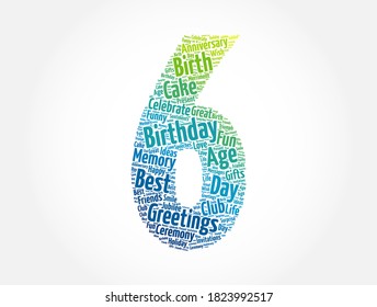 Happy 6th birthday word cloud, holiday concept background