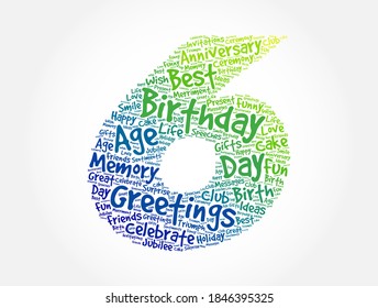 Happy 6th birthday word cloud, holiday concept background