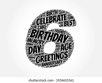 Happy 6th birthday word cloud, holiday concept background