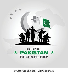 Happy 6th Defense Day Pakistan. 3d letter with Pakistani flag and black outline soldiers. abstract vector illustration design