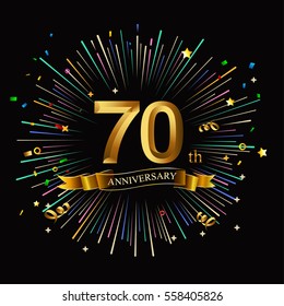 Happy 70th Anniversary. with fireworks and star on dark background.Greeting card, banner, poster