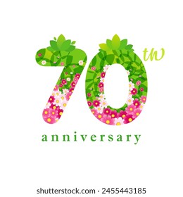 Happy 70th anniversary greetings. Up to 70 percent off sale label template. Shopping gift card concept. Vector clipart with clipping mask. Decorative art style. Grass, tree leaves and flowers backdrop