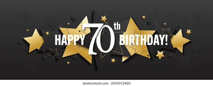 HAPPY 70th BIRTHDAY black and metallic gold vector typography banner with stars on black background