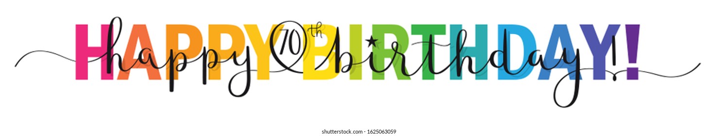 HAPPY 70th BIRTHDAY! colorful vector mixed typography banner with brush calligraphy svg