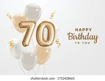 Happy 70th birthday gold foil balloon greeting background. 70 years anniversary logo template- 70th celebrating with confetti. Vector stock. svg