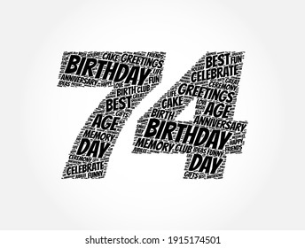 Happy 74th birthday word cloud, holiday concept background