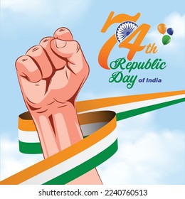 Happy 74th republic day of india concept.proudly raised hand with indian flag flying in sky