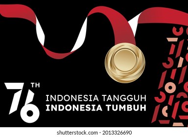 Happy 76th Indonesian Independence Day, Dirgahayu Republik Indonesia, meaning Long live Indonesia, with gold medal, black background, Vector illustration