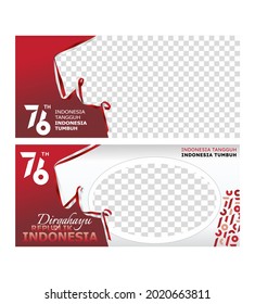 Happy 76th Indonesian Independence Day. Greeting card template, social media banner with the words Dirgahayu Republic of Indonesia, decorated with red and white flag ribbon.