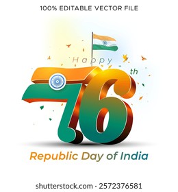 Happy 76th Republic day of India. Greeting card, poster, banner design.