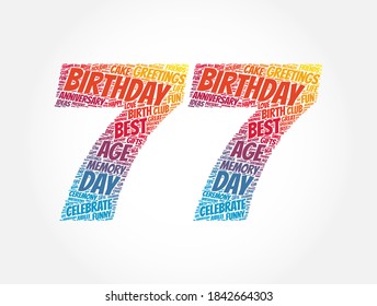Happy 77th birthday word cloud, holiday concept background